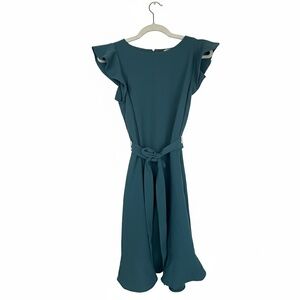 LOFT Outlet Teal Flutter Sleeve Fit & Flare Dress with Belt Size 6
